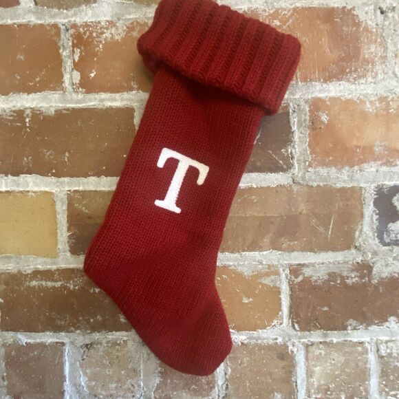 Red and White Letter T Christmas Holiday Stocking - Picture 1 of 6